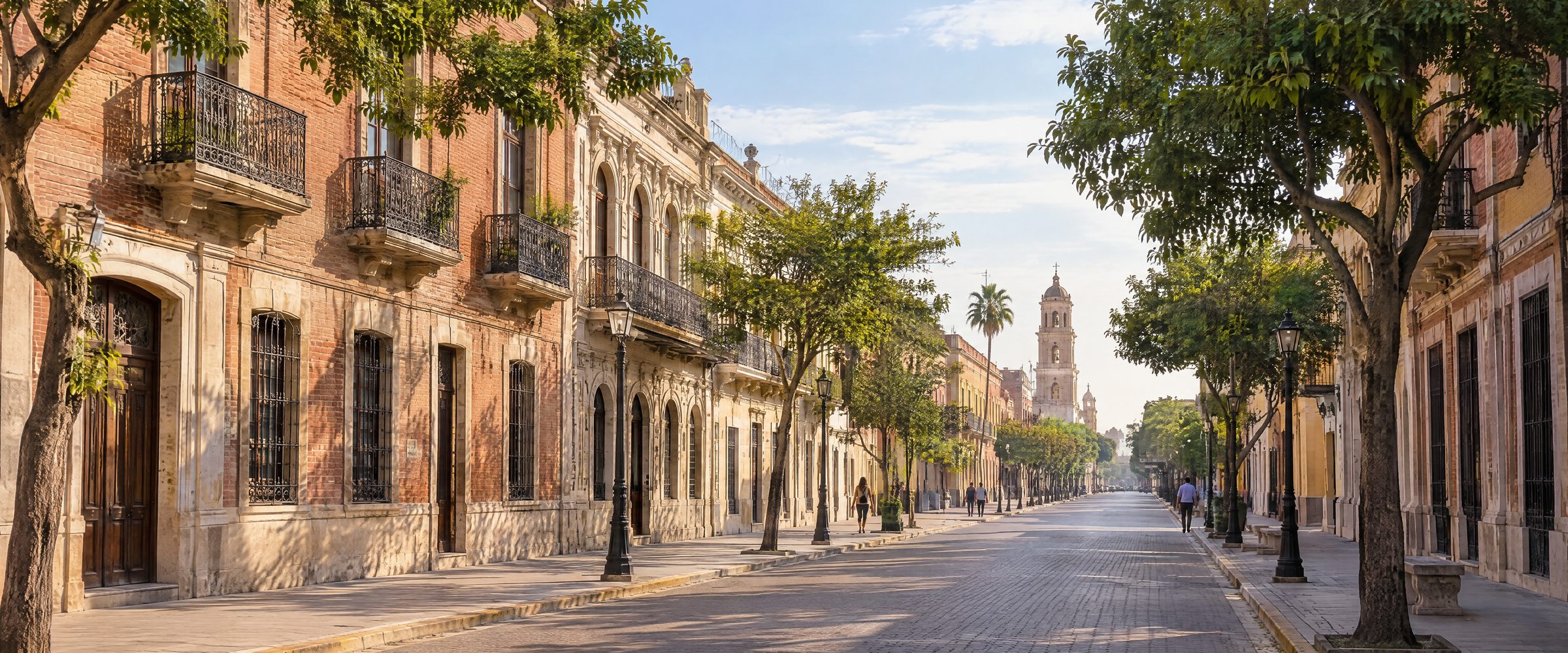 Calle del centro histórico de Matamoros, con edificios de ladrillo y balcones de hierro.
