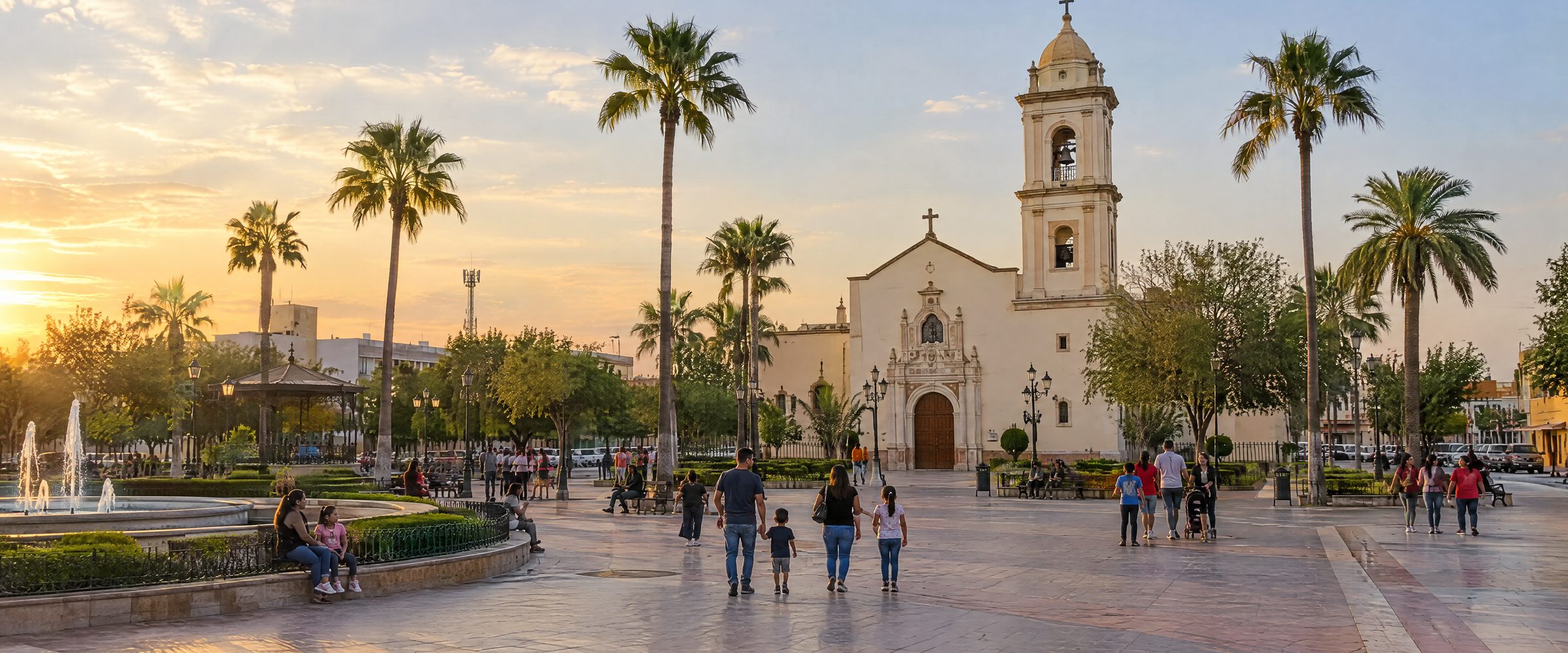 Plaza principal de Reynosa con su iglesia y palmeras, al caer la tarde.