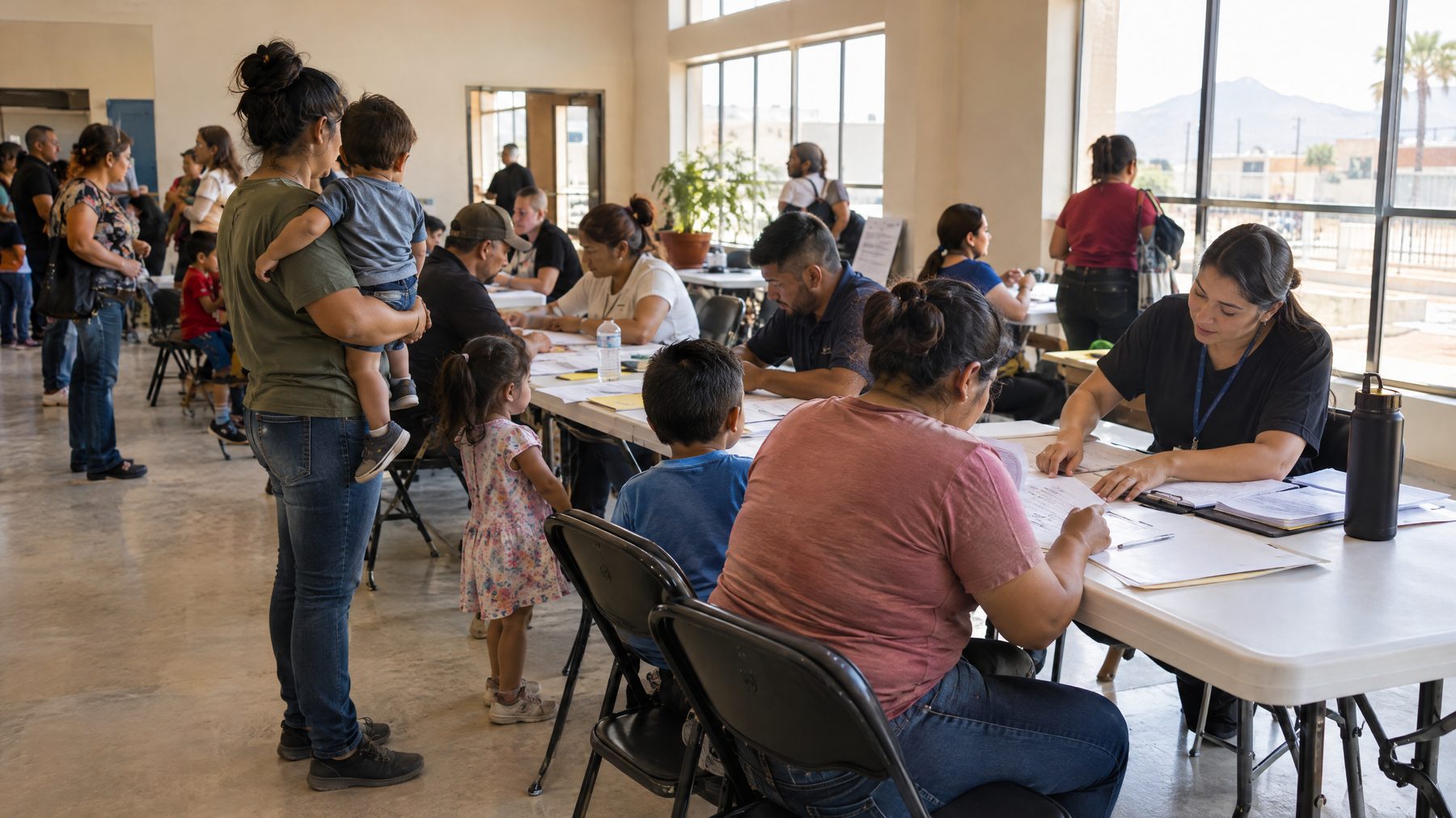 Personas voluntarias atienden mesas y ayudan a familias con sus trámites en un centro comunitario.
