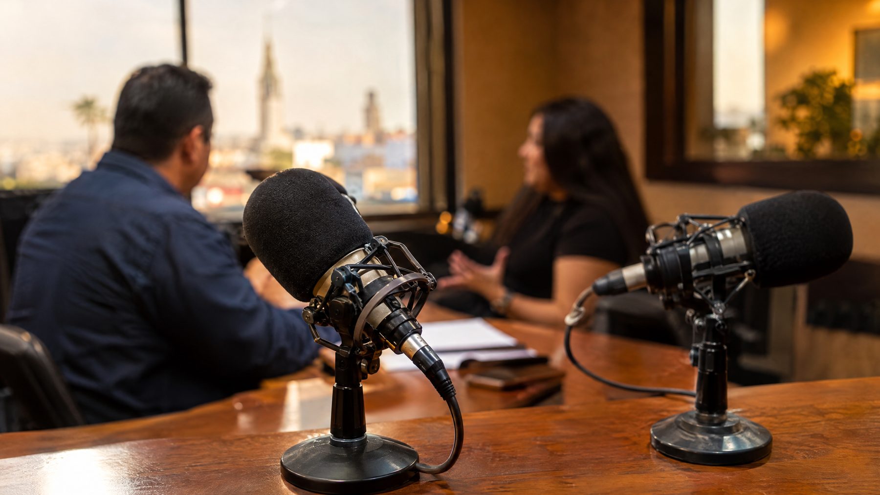 Estudio de radio con micrófonos en primer plano.