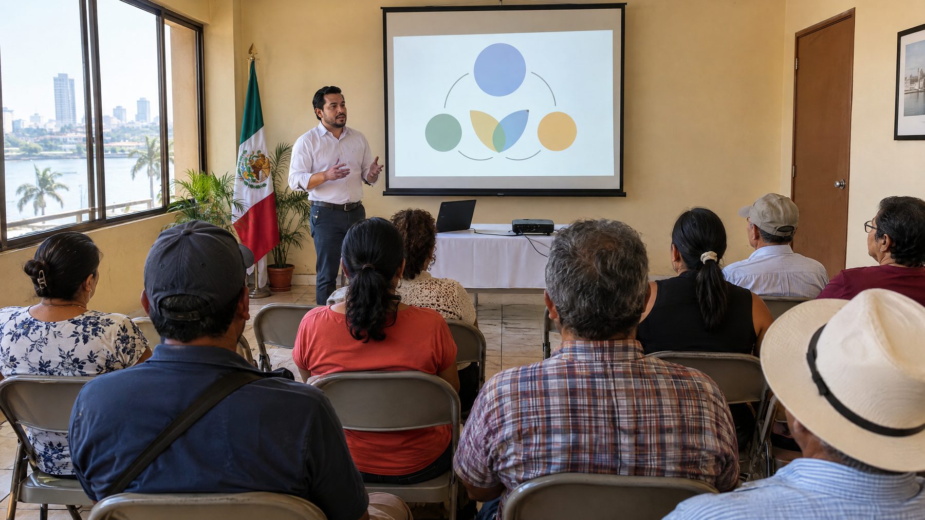 Reunión comunitaria en la que una persona habla junto a una pantalla de proyección.