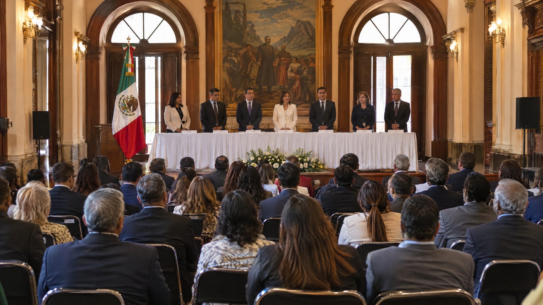 Ceremonia de instalación en un salón formal, con la mesa del presídium y la bandera de México al frente y el público visto de espaldas.